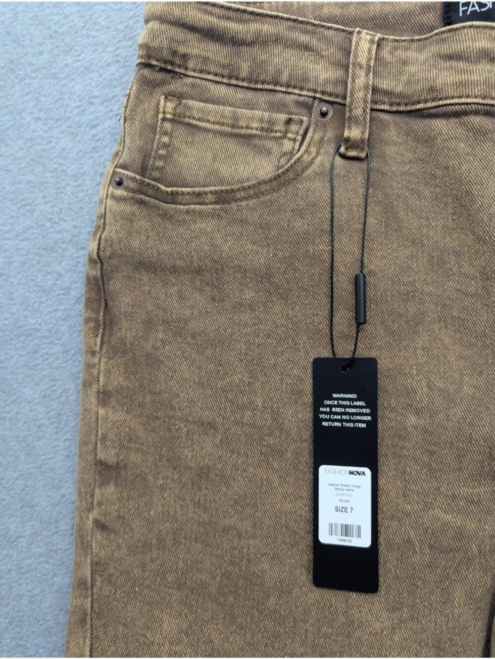 Fashion Nova Cargo Skinny Jeans Juniors 7 Brown Med Wash Mid Rise Stretch Denim - Picture 2 of 13
